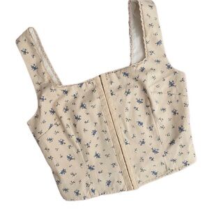 100% Cotton Cream & Blue Floral Square Neck Corset Cottagecore Tank Top Size XS